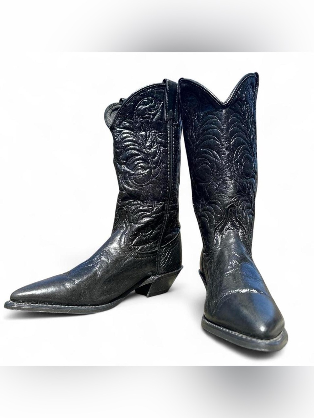 Vintage Black Embroidered Leather Cowboy Heeled Boots